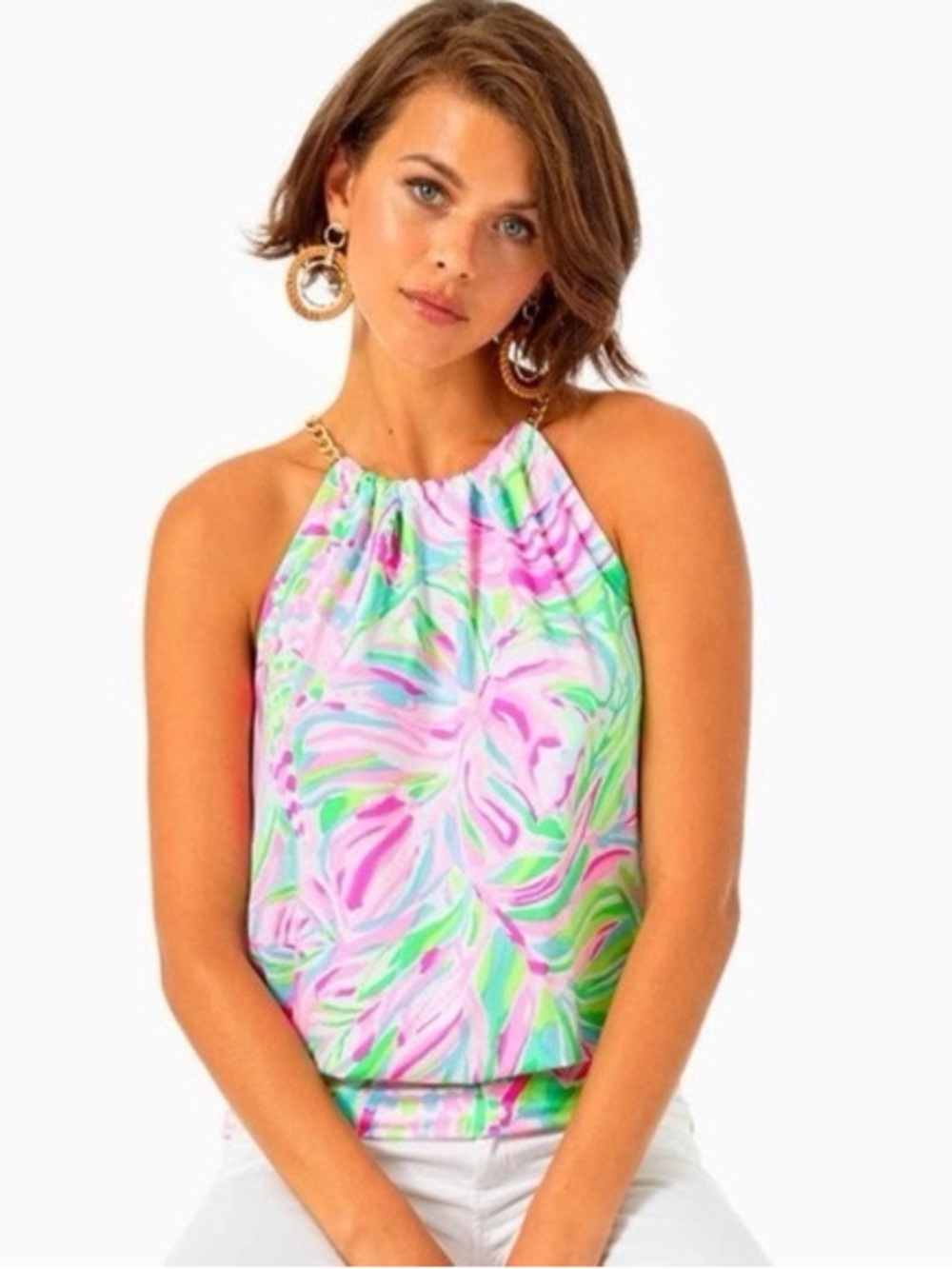 Lilly Pulitzer Bowen Halter Top is a draped blouson Style